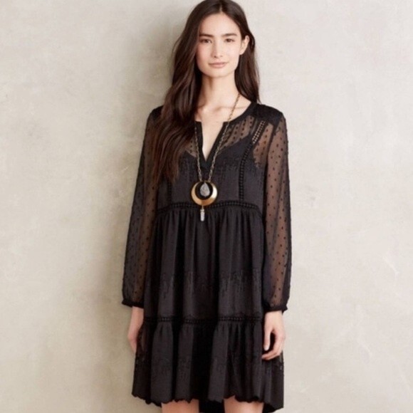 Anthropologie Vanessa Virginia Black Costa Maya Swiss Dot Long Sleeve Dress 2 - Picture 2 of 13